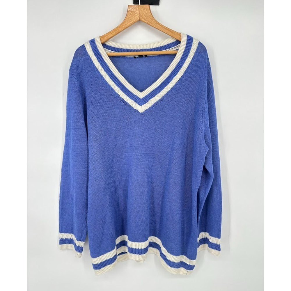 Talbots Linen Varsity V-Neck Sweater Blue Preppy Tennis Golf Womens Plus Size 1X